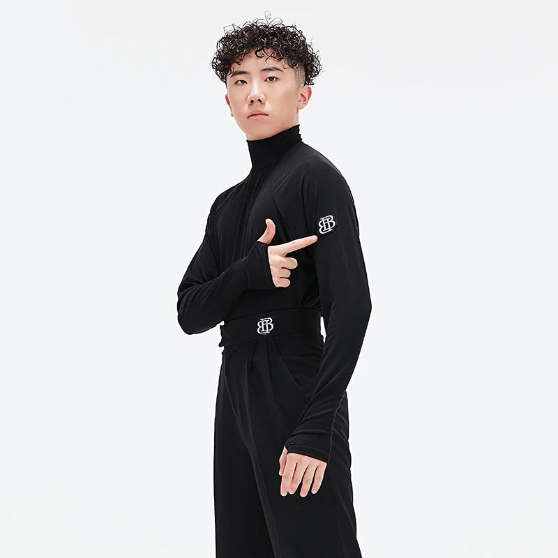 Men's Latin Dance Tops New High Collar Black Long Sleheves