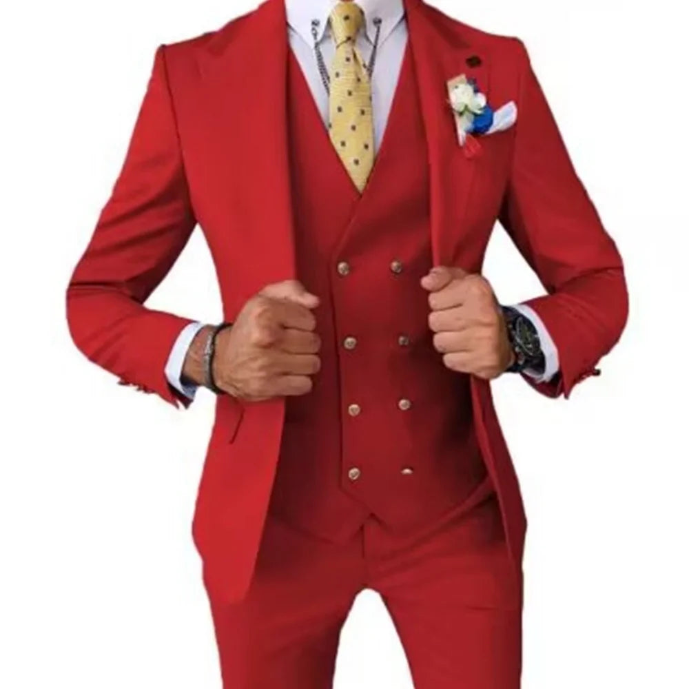 Men's Smart Casual 3 Piece Peak Lapel Single Breasted Wedding Tuxedo Slim Fit Formal Best Man Groom Costume Homme