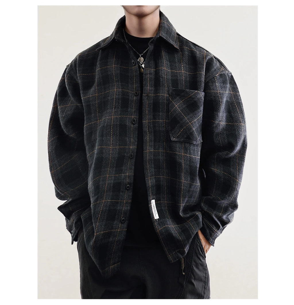 Mens Flannel Shirts American Vintage Streetwear Thick Plaid Oversized