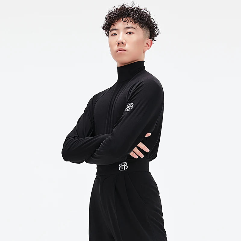 Men's Latin Dance Tops New High Collar Black Long Sleheves
