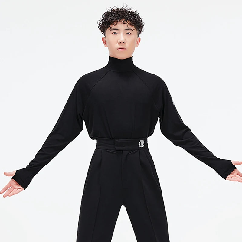 Men's Latin Dance Tops New High Collar Black Long Sleheves