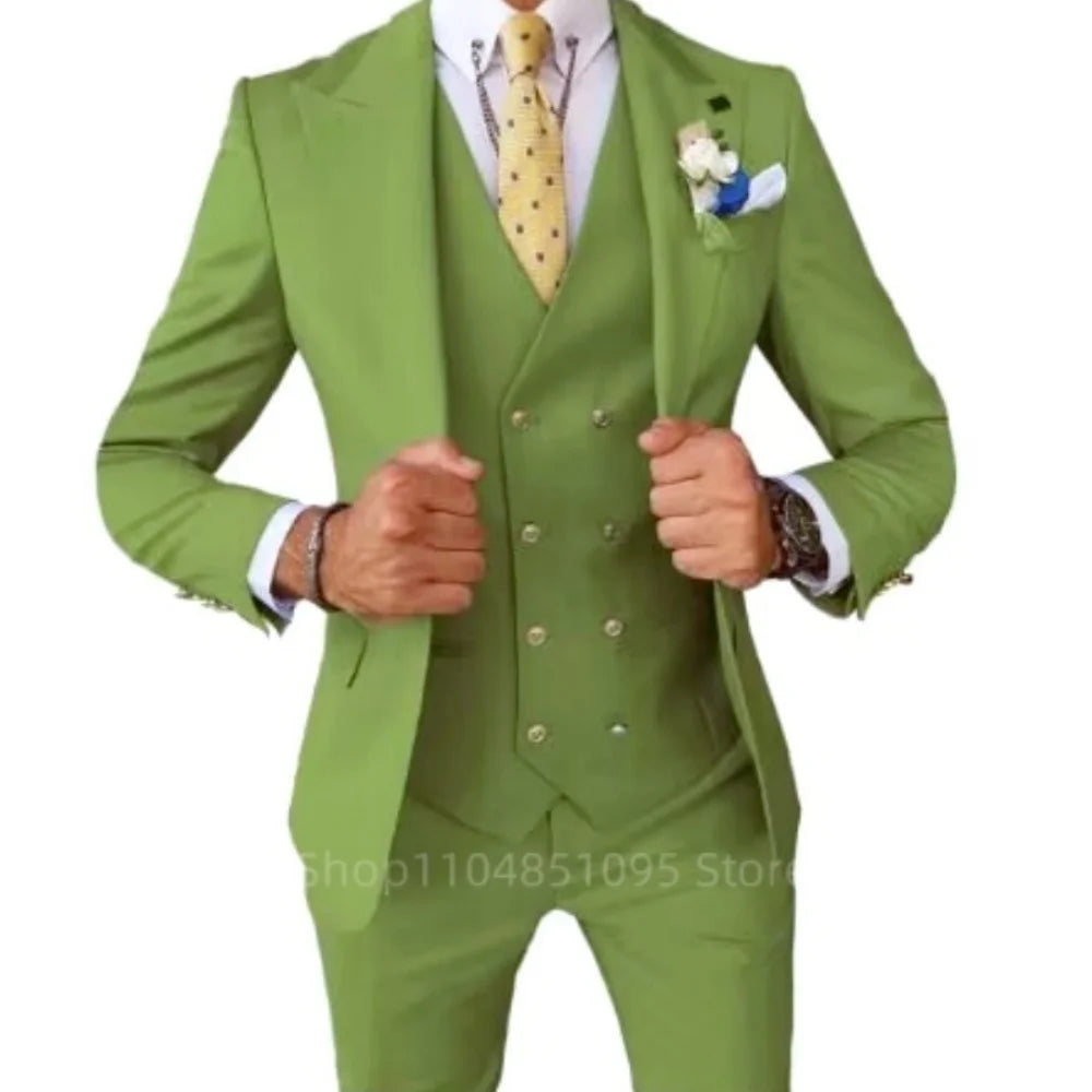 Men's Smart Casual 3 Piece Peak Lapel Single Breasted Wedding Tuxedo Slim Fit Formal Best Man Groom Costume Homme