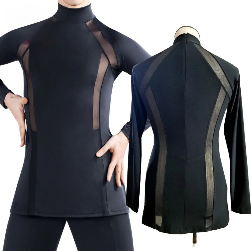 Men High Neck Latin Dance Tops New Mesh