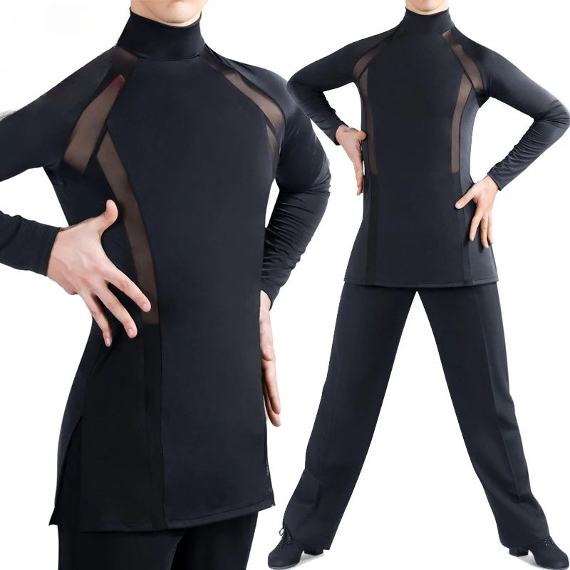 Men High Neck Latin Dance Tops New Mesh