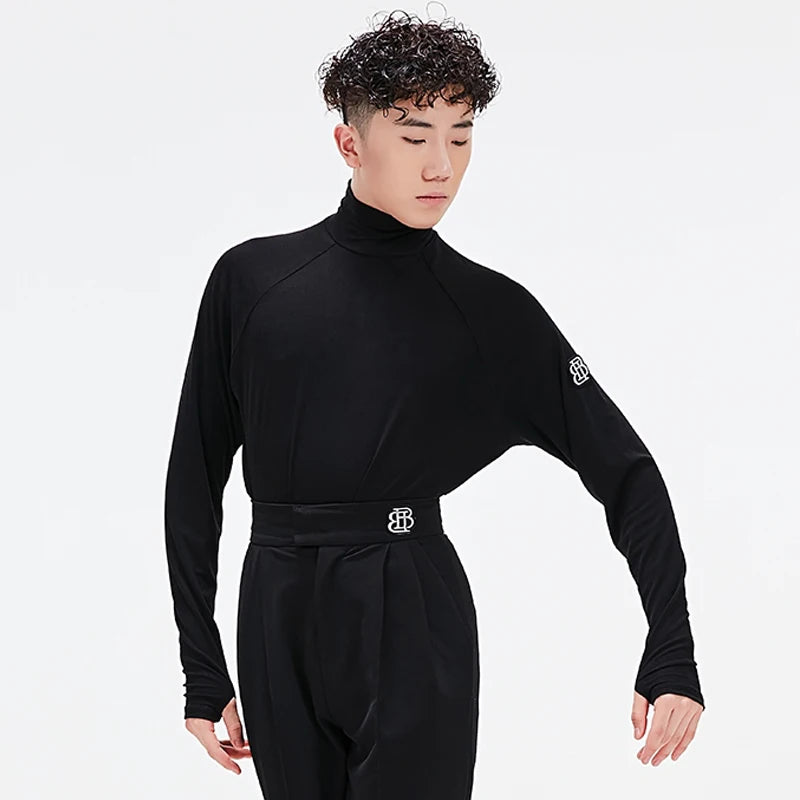 Men's Latin Dance Tops New High Collar Black Long Sleheves