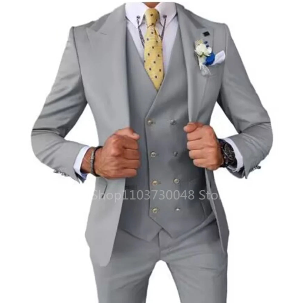 Men's Smart Casual 3 Piece Peak Lapel Single Breasted Wedding Tuxedo Slim Fit Formal Best Man Groom Costume Homme