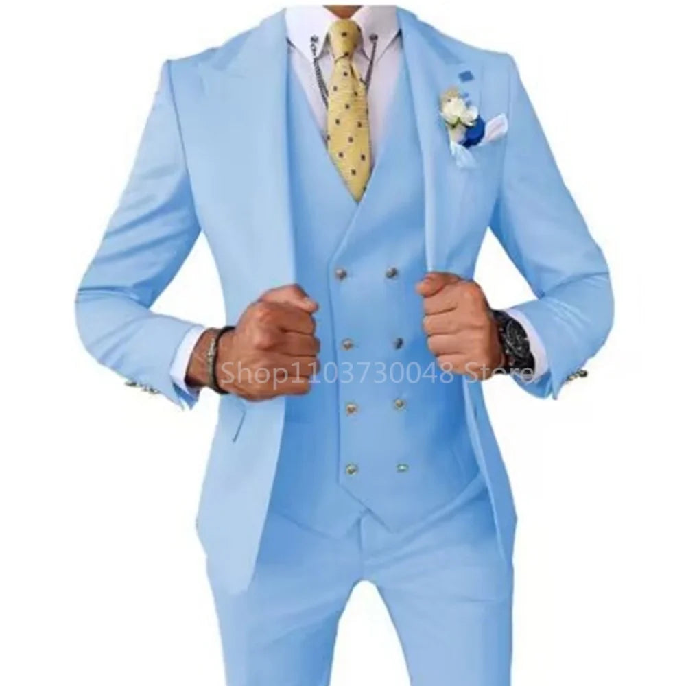 Men's Smart Casual 3 Piece Peak Lapel Single Breasted Wedding Tuxedo Slim Fit Formal Best Man Groom Costume Homme